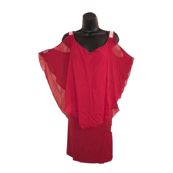 EnFocus red sheer‎ cape sequin strap cold shoulder elegant plus size dress 14W - Picture 12 of 16